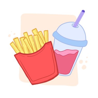 İçki ve patates kızartması. Çizgi film tarzında vektör rengi çizimi. Çizgi film tarzında fast food çizimi..