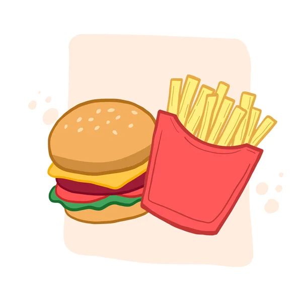 Hamburguesa Papas Fritas Ilustración Comida Rápida Boceto Color Vectorial Comida — Vector de stock