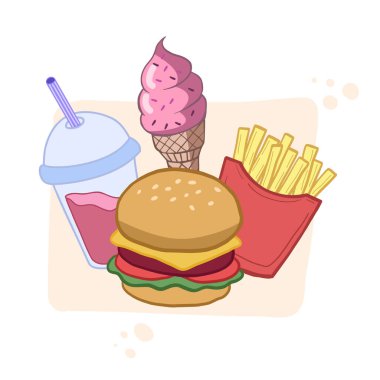 Fast food. Hamburger, içki, patates kızartması ve dondurma. Vektör renk çizimi. Fast food karışımı..