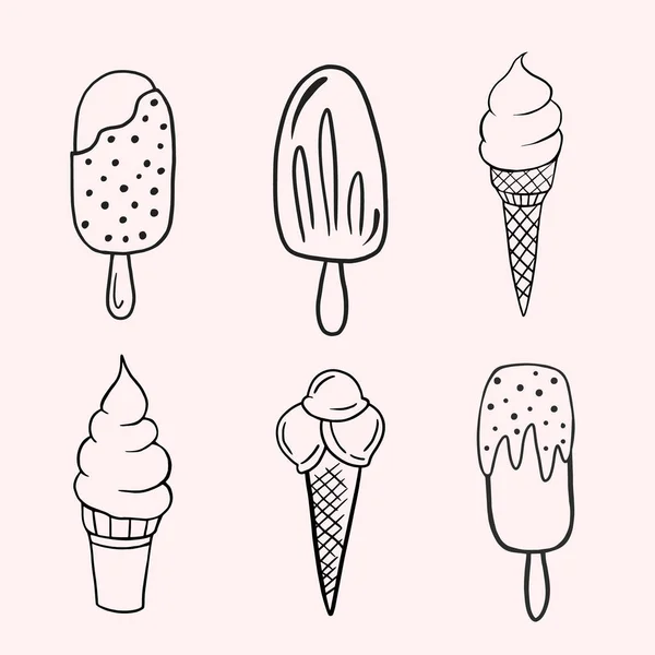 Dondurma takımı. Çizim tarzında vektör doğrusal çizim. Serbest çizim. Dondurma simgeleri ayarlandı.