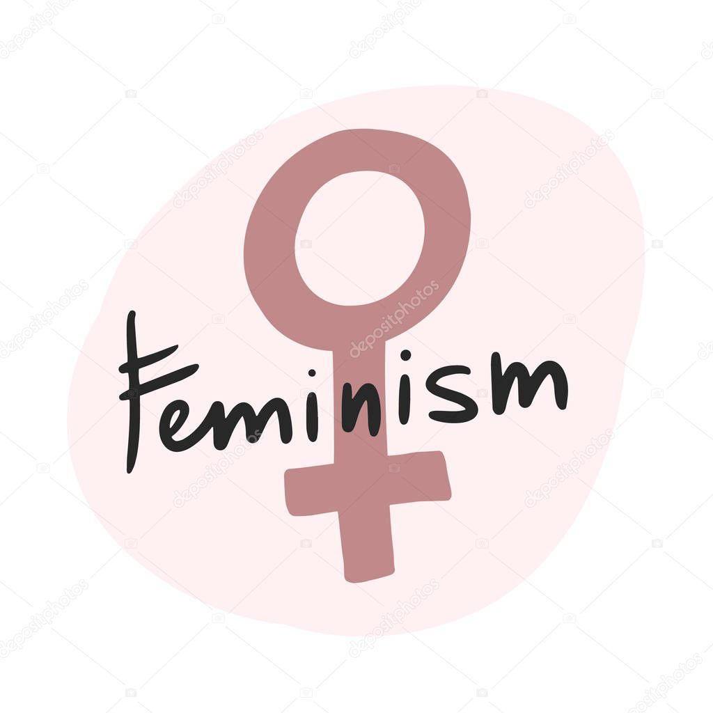 Feminism. Lettering. Female symbol. symbol of feminism. Vector color illustration in flat style. Freehand drawing.