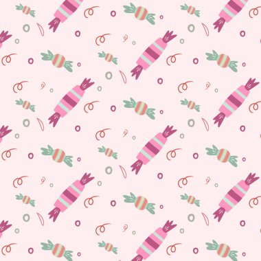 Şekerli desen. Şekerli vektör süsü. Tatlılar ve havai fişeklerle süslü renk süsü. Düz Çizim.