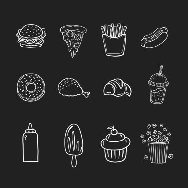 Fast food. Fast food 'un vektör çizimleri. Çizgi biçiminde doğrusal çizimler kümesi.