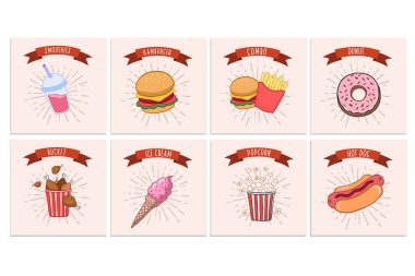Fast food seti. Çizgi film tarzında vektör rengi çizimi. Klasik tarzda fast food çizimleri..