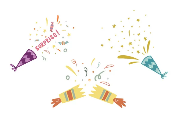 Konfeti seti. Doğum günü tasarımı. Vektör çizimi. Havai fişek seti. Çizgi film düz şekilde çizilsin.