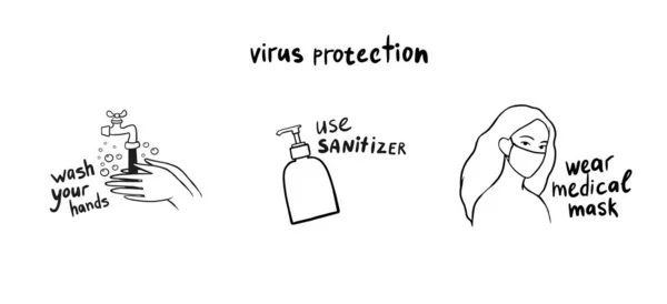 Virová Ochrana Vektorové Obrázky Stylu Doodle Lékařské Ikony Ochrana Zdraví — Stockový vektor