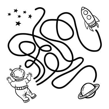 Labirent oyunu. Astronotun rokete giden yolu bulmasına yardım et. Eğitim için çalışma kâğıdı. Vektör çizgili uzay çizimi. Maze şekil tasarım ögesi.