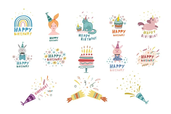 Набор Дизайнов День Рождения Иллюстрации Дню Рождения Векторный Цвет Плоских — стоковый вектор