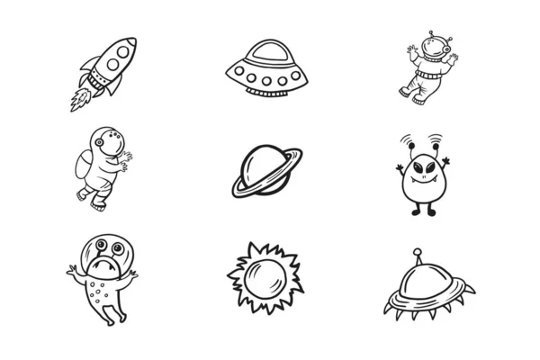 Conjunto Ilustraciones Espaciales Iconos Espaciales Vector Garabato Estilo Garabato Astronautas — Vector de stock