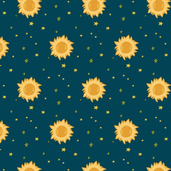Космический Узор Векторный Орнамент Пространством Затмение Солнцем Звездами Карикатура — стоковый вектор