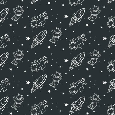 Uzay deseni. Vektör karalama şekli. Astronotlar, roketler ve yıldızlarla süslenmiş..