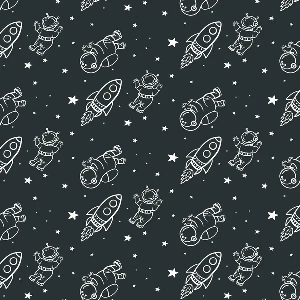 Patrón Espacial Patrón Estilo Doodle Vectorial Adorno Con Astronautas Cohetes — Archivo Imágenes Vectoriales
