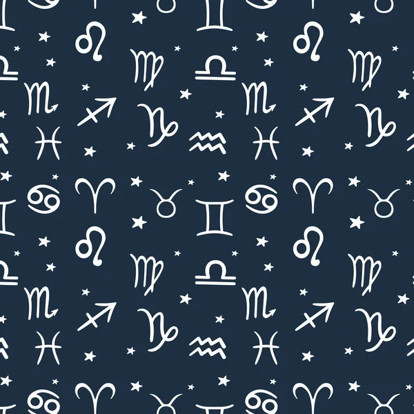 Znaki Zodiaku Wzór Znakami Zodiaku Wektorowy Wzór Stylu Doodle Rysunek — Wektor stockowy