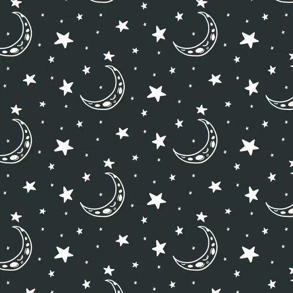 Шаблон Луной Звездами Векторный Рисунок Стиле Каракулей Векторный Орнамент Космосом — стоковый вектор