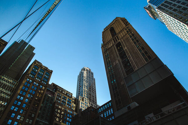 Looking up and View of office buildings in the New York City