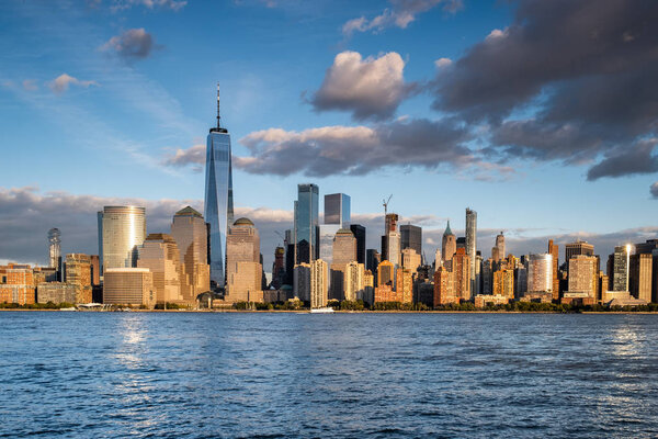 Lower Manhattan skyline view from Hudson riverside in Jersey City New Jersey United States