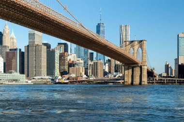 New York City / Usa - 25 Haziran 2018: Aşağı Manhattan silueti olan Brooklyn Köprüsü Parkı