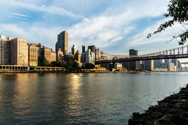 New York City / USA - JUL 31 2018: Queensboro Bridge and midtown view from Roosevelt Island in the early morning — Stock Photo, Image
