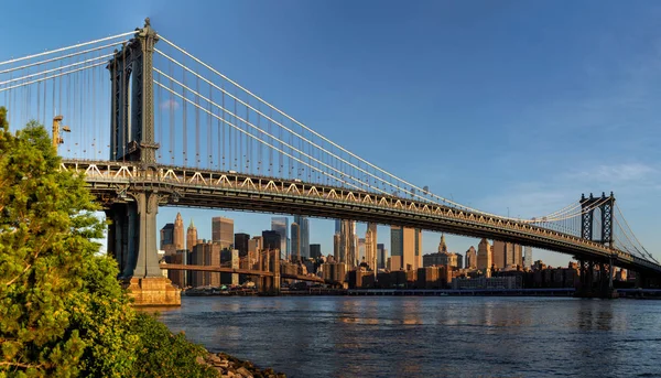 纽约市/ Usa - 2018年6月25日：布鲁克林大桥公园，日出时有曼哈顿下天际线 — 图库照片