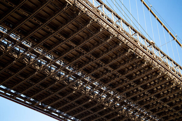 New York, City / USA - JUL 10 2018: Brooklyn Bridge close up view from Brooklyn Bridge Park Dumbo