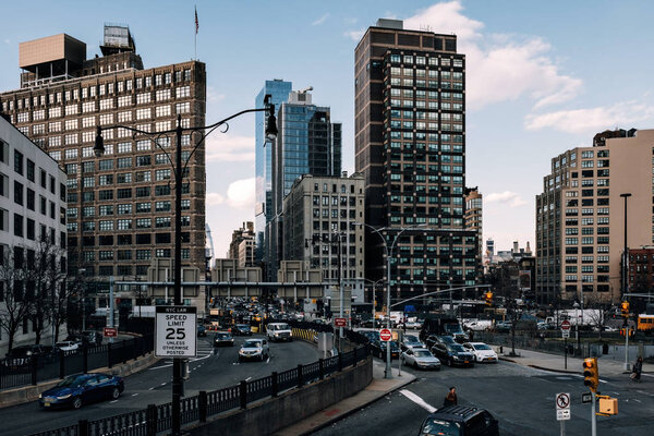New York City - USA - Mar 19 2019: Heavy traffic at rush hour of the entrance of Holland tunnel in Tribeca Lower Manhattan