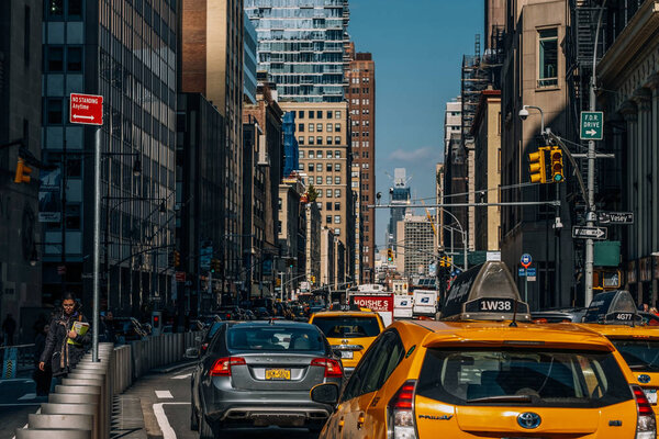 New York City - USA - Mar 11 2019: A general street view of TriBeCa in Financial District Lower Manhattan New York City