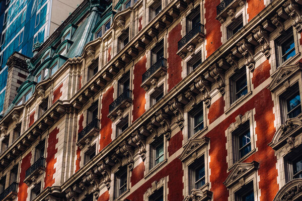 New York City - USA - Mar 12 2019: Close-up view of old building The Knickerbocker hotel exteriro Times Square in Midtown Manhattan New York City