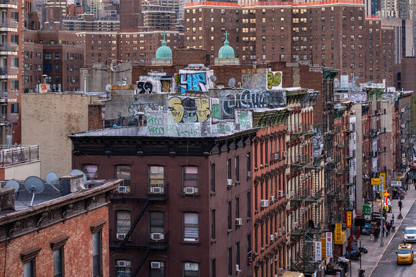 New York City - USA - Oct 18 2019: Bird eye view of buildings in Chinatown Lower Manhattan