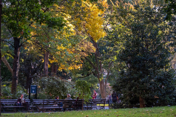 New York City - USA - Oct 24 2019: Fall foliage color of Madison Square Park Flatiron District in Midtown Manhattan