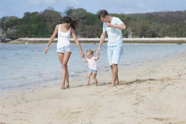 Anne ve kızı kumsalda yürüyüş 