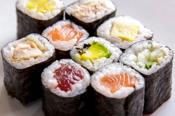 Various of maki sushi on white plate — Stock Photo, Image