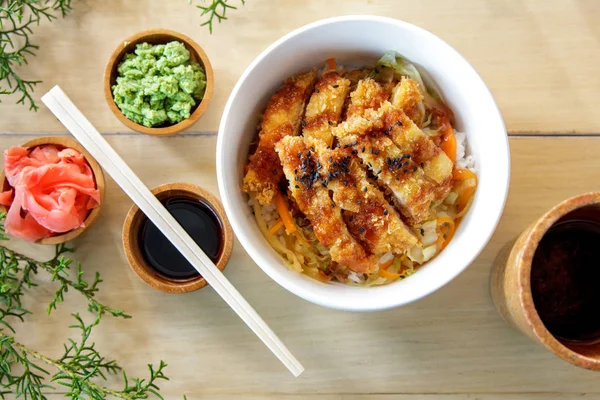 Japanese food chicken katsu don served with soy sauce — Stock Photo, Image