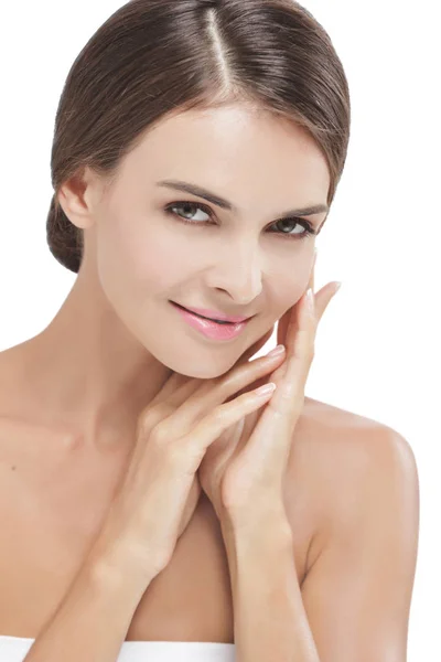 Beautiful model touching her healthy soft skin face — Stock Photo, Image