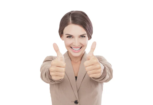 Bela jovem empresária sorrindo enquanto dando dois polegares para cima — Fotografia de Stock