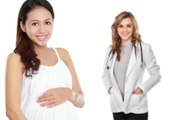 Attractive Pregnant Asian Woman Standing Her Doctor — Stock Photo, Image