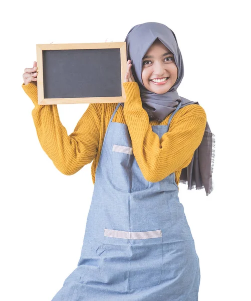 Proud asian cafe owner holding blank sign blackboard — Stock Photo, Image