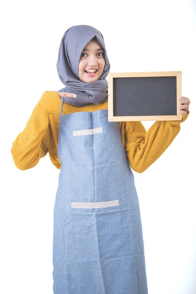 Proud asian cafe owner holding blank sign blackboard — Stock Photo, Image