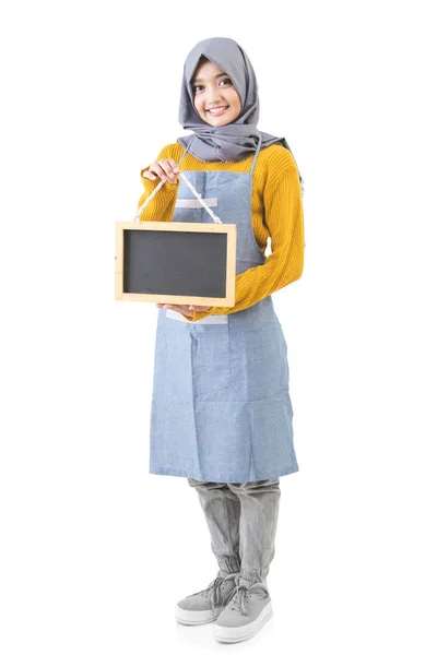 Proud asian cafe owner holding blank sign blackboard — Stock Photo, Image