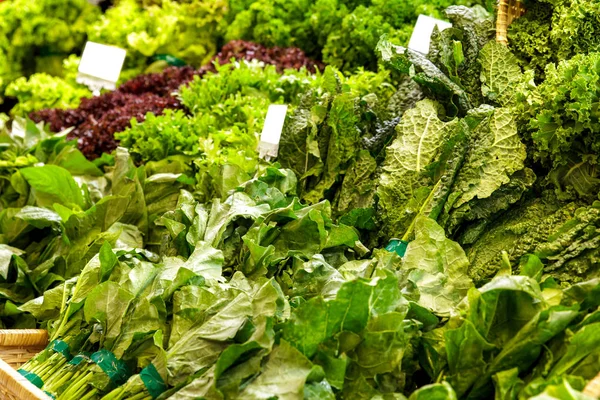 Verdure fresche in esposizione al supermercato — Foto Stock