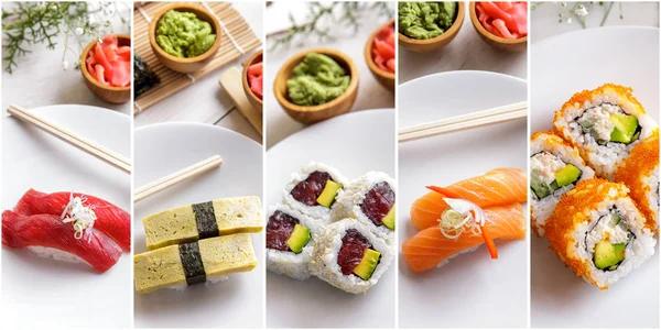 Vário sushi comida japonesa em uma colagem — Fotografia de Stock