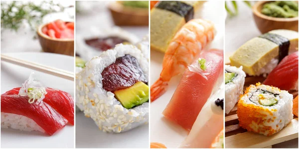 Vario sushi giapponese cibo su un collage — Foto Stock