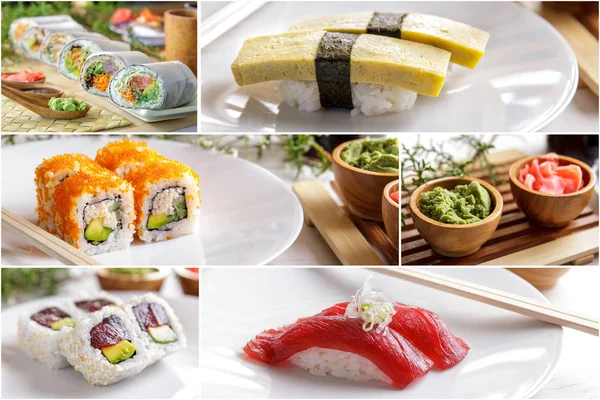 上一幅拼贴画的各种寿司日本食品 — 图库照片