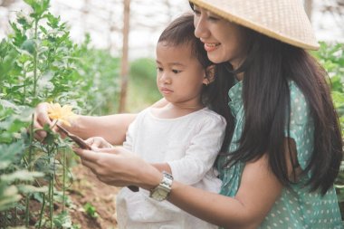 Anne ve kızı çiftlikte birlikte çalışma