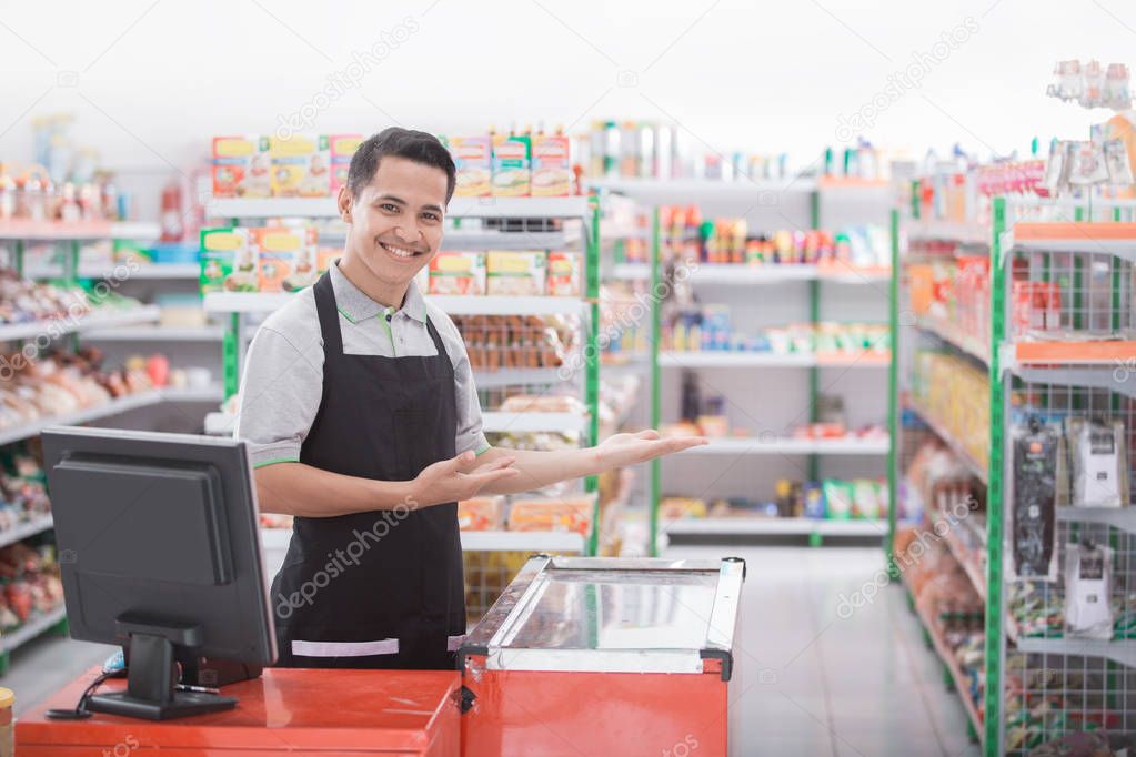  shopkeeper welcoming customer