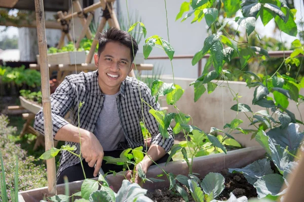 Feliz asiático hombre haciendo jardinería un — Foto de Stock