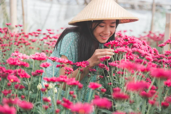 카모마일 꽃 농장에서 일 하는 젊은 아시아 여자 — 스톡 사진