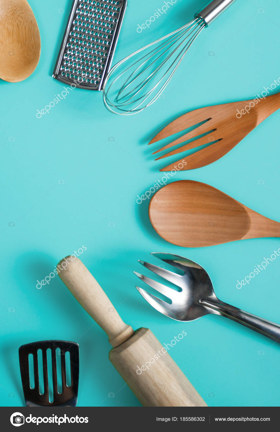 Group Of Kitchen Utensils On Blue Pastel Background Stock Photo Close Up Portrait Of Group Kitchen Utensils On Blue Pastel Background Photo By Odua