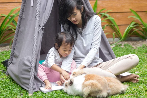 Madre e hija alimentando conejo — Foto de Stock