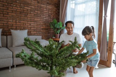 Asyalı baba ve kızı Noel ağacını birlikte kurmuşlar.