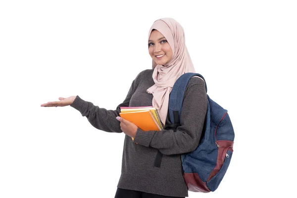 Plafond student met een handgebaar met iets met boeken en tas — Stockfoto